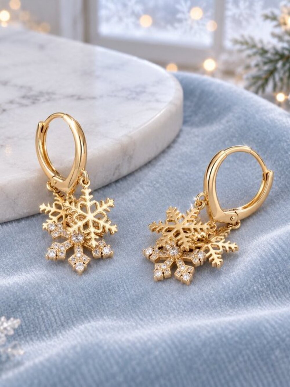 Gold Tone Crystal Layered Snowflake Leverback Dangle Earrings 1.14”